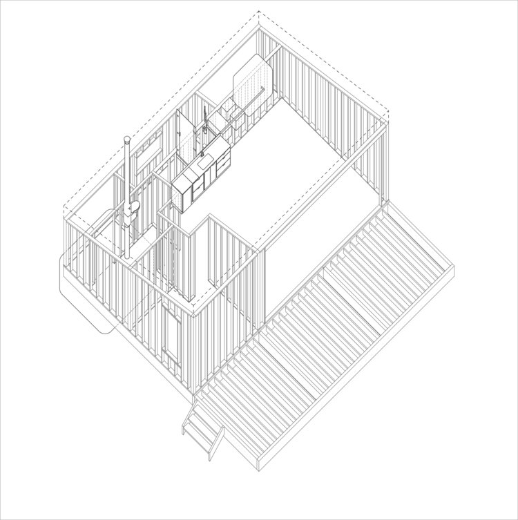 Structural axonometric of a small cabin