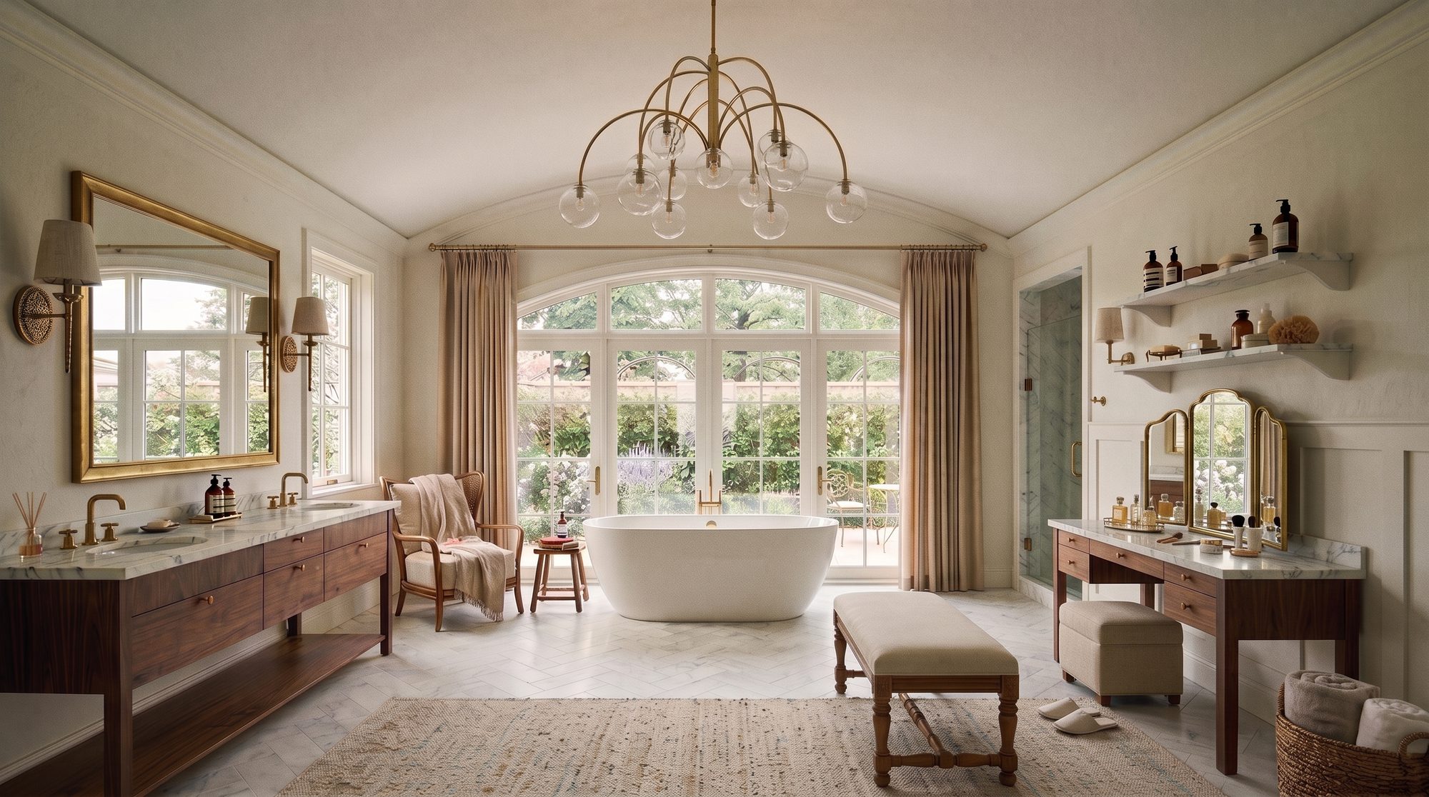 Primary bath with a freestanding tub under an arched window