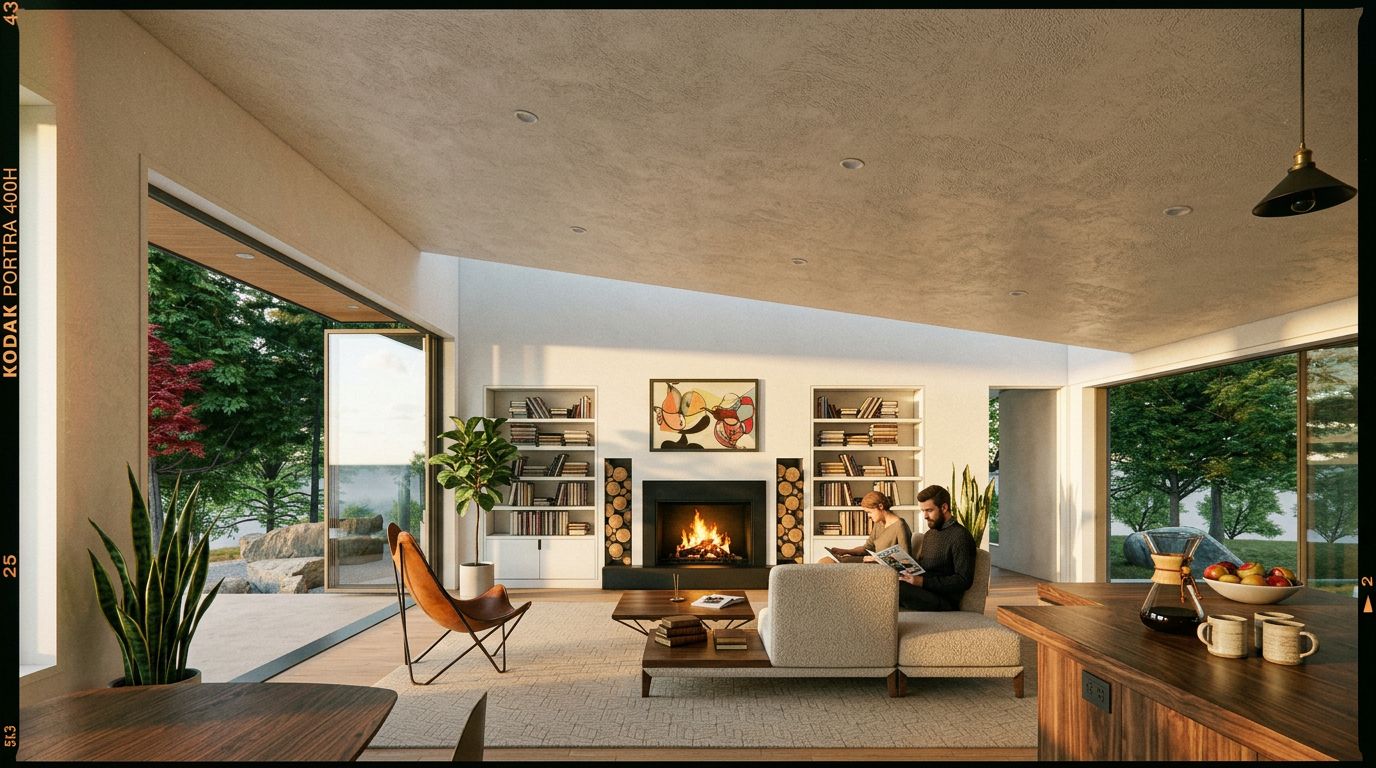 Living room opening to a garden through glass walls