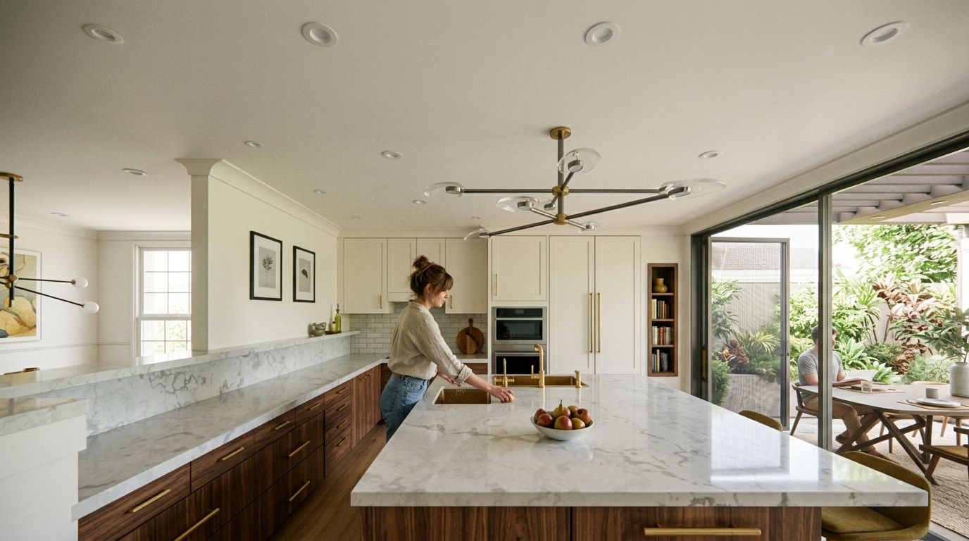 Kitchen with a marble island opening to a terrace