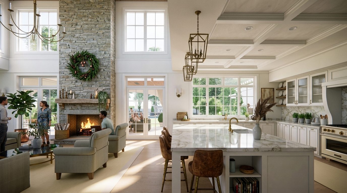 Great room with a stone fireplace open to the kitchen